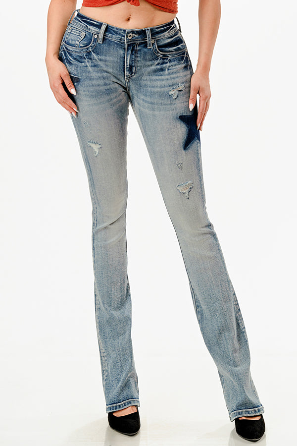 Stars Printing Low Rise Bootcut Jeans