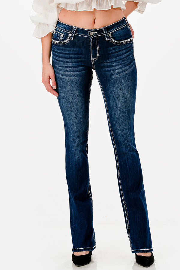 Grace in LA womens bootcut jeans in a dark wash featuring thick white contrast stitching and a slimming whiskered finish.