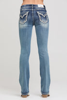 Grace in LA women's medium light wash bootcut jeans in a slim easy fit with border stitch detailing