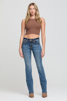 Grace in LA women's medium wash bootcut jeans styled for a casual everyday look with basic five-pocket design