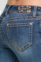 Grace in LA women's medium wash mid-rise bootcut jeans with classic five-pocket styling, front-facing view