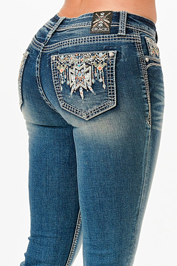 Aztec Modify Embroidery Low Rise Bootcut Jeans