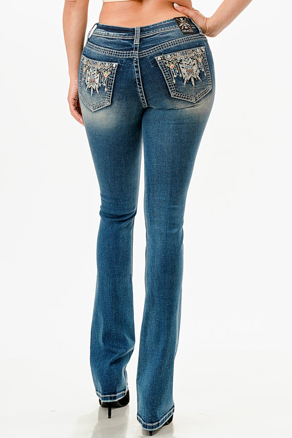 Aztec Modify Embroidery Low Rise Bootcut Jeans