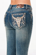Tan Steer Head & Tribal Feathers Mid Rise Bootcut Embroidered Jeans Grace in LA