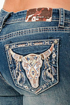 Tan Steer Head & Tribal Feathers Mid Rise Bootcut Embroidered Jeans Grace in LA