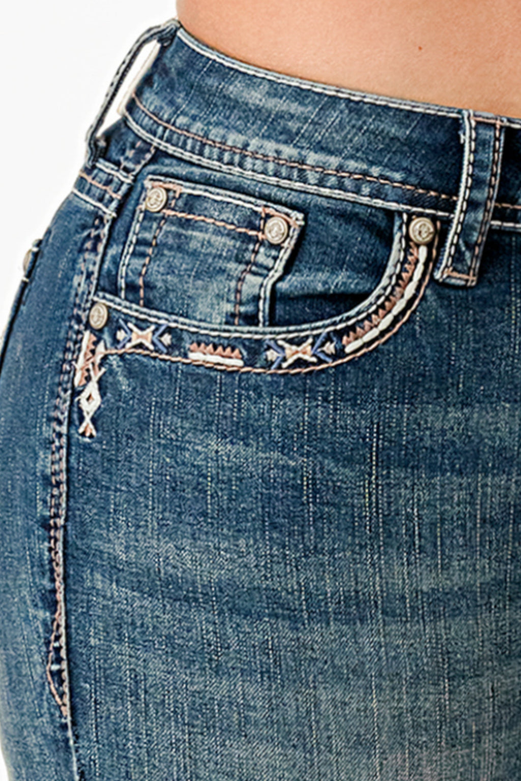 Steer Head Tan Stiches Mid Rise Bootcut Embroidered Jeans Grace in LA
