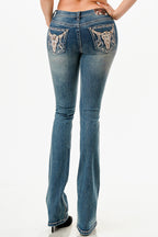 Steer Head Tan Stiches Mid Rise Bootcut Embroidered Jeans Grace in LA