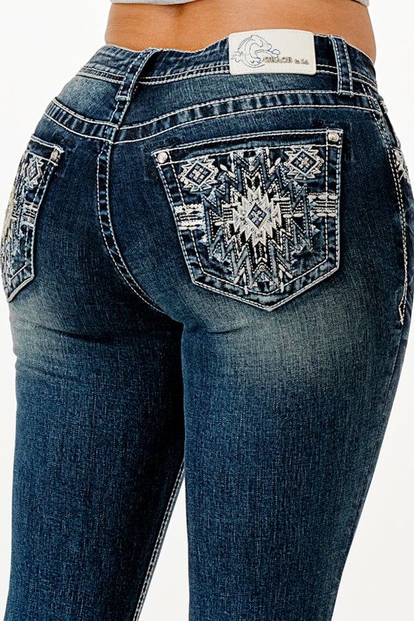 Aztec Embellishment Mid Rise Bootcut Jeans