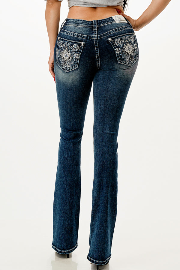 Aztec Embellished Mid Rise Bootcut Jeans