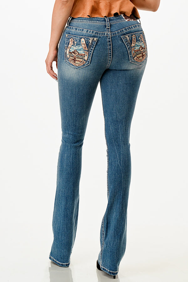 Mountain View Colorful Embroidery Low Rise Bootcut Jeans