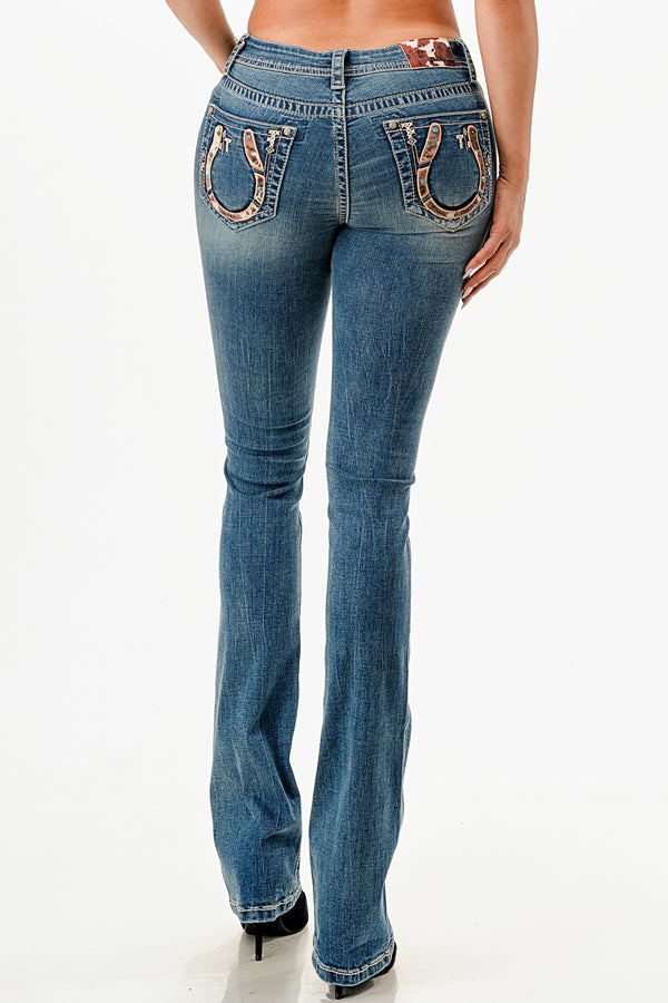 Horse Shoe w/ Horse Hide Mid Rise Embellished Bootcut Jeans