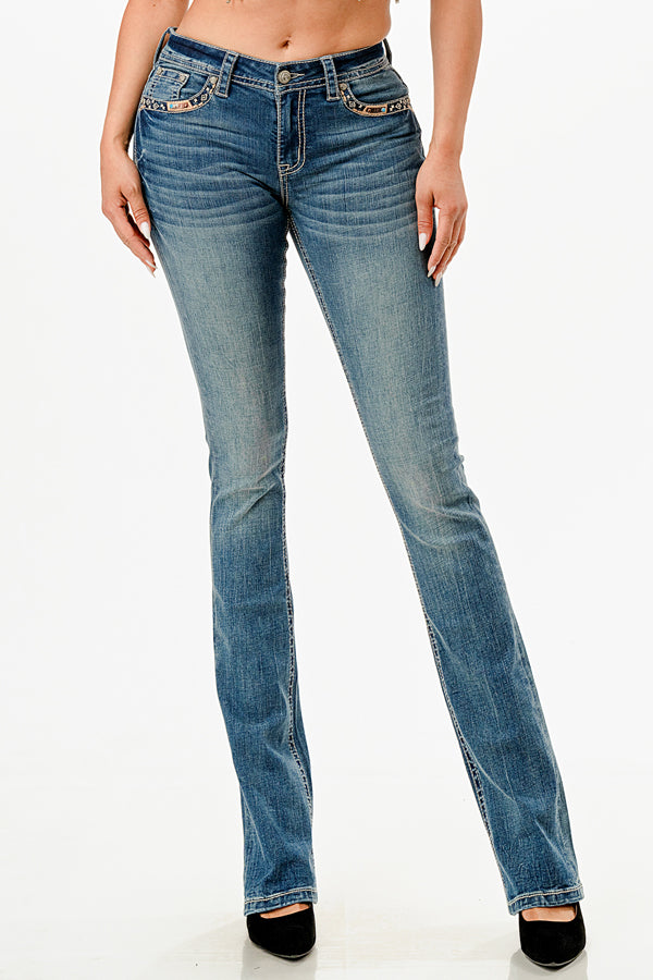 Horse Shoe w/ Horse Hide Mid Rise Embellished Bootcut Jeans Grace in LA