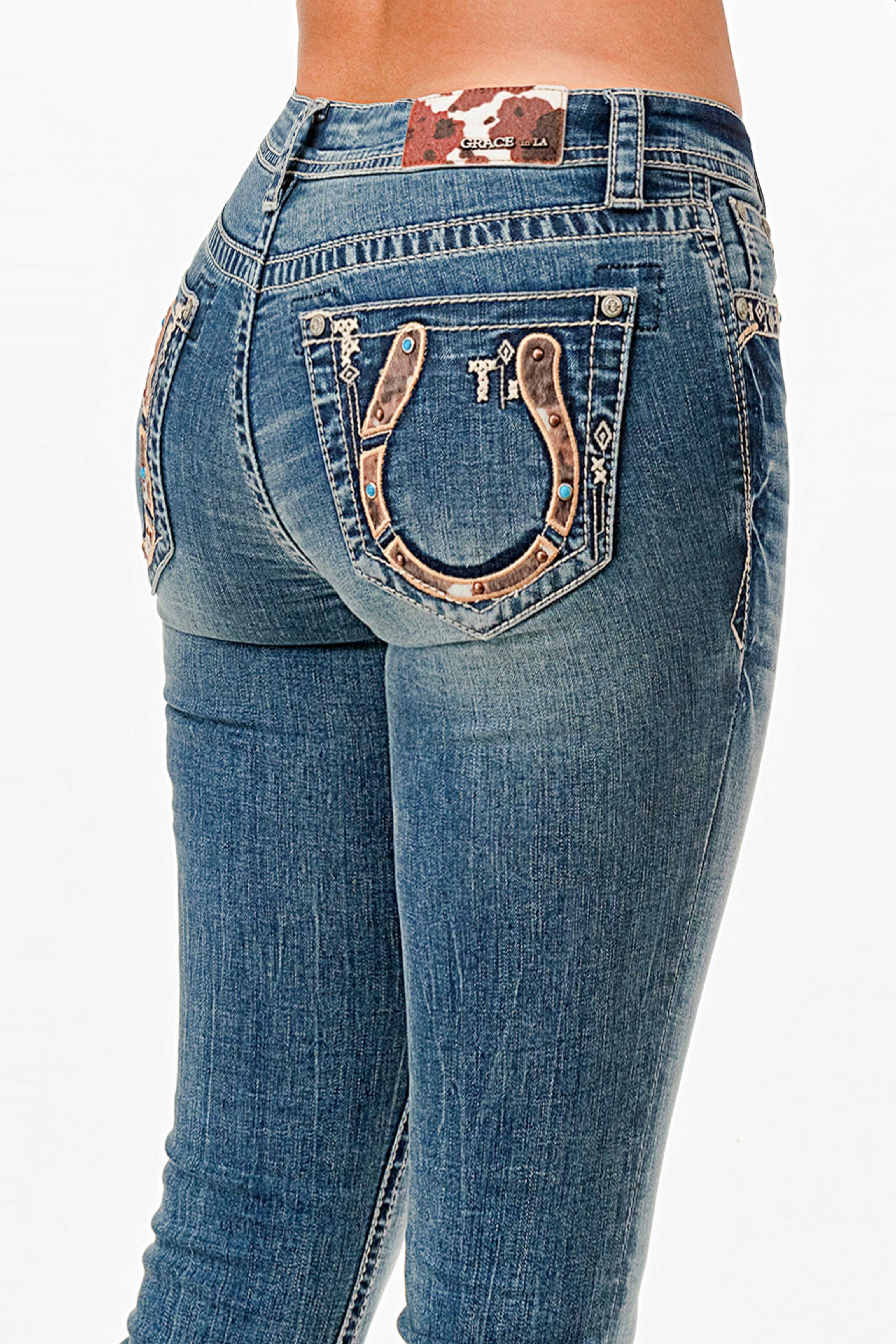 Horse Shoe w/ Horse Hide Mid Rise Embellished Bootcut Jeans