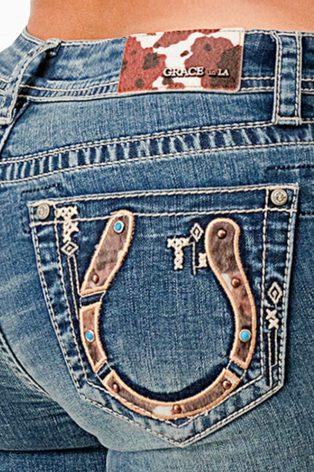 Horse Shoe w/ Horse Hide Mid Rise Embellished Bootcut Jeans