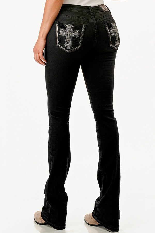 Cross Embroidery Black Bootcut Jeans