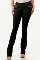 Grace in LA womens bootcut jeans in a medium blue denim with whiskered detailing and ornate white embroidery on the front hip pockets.