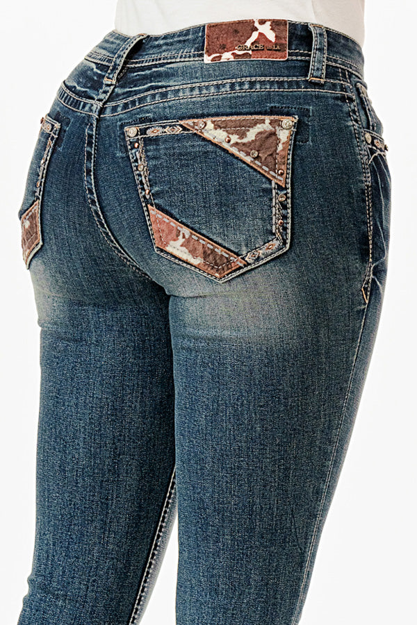 Cow Hide Trim Mid Rise  Bootcut Jeans