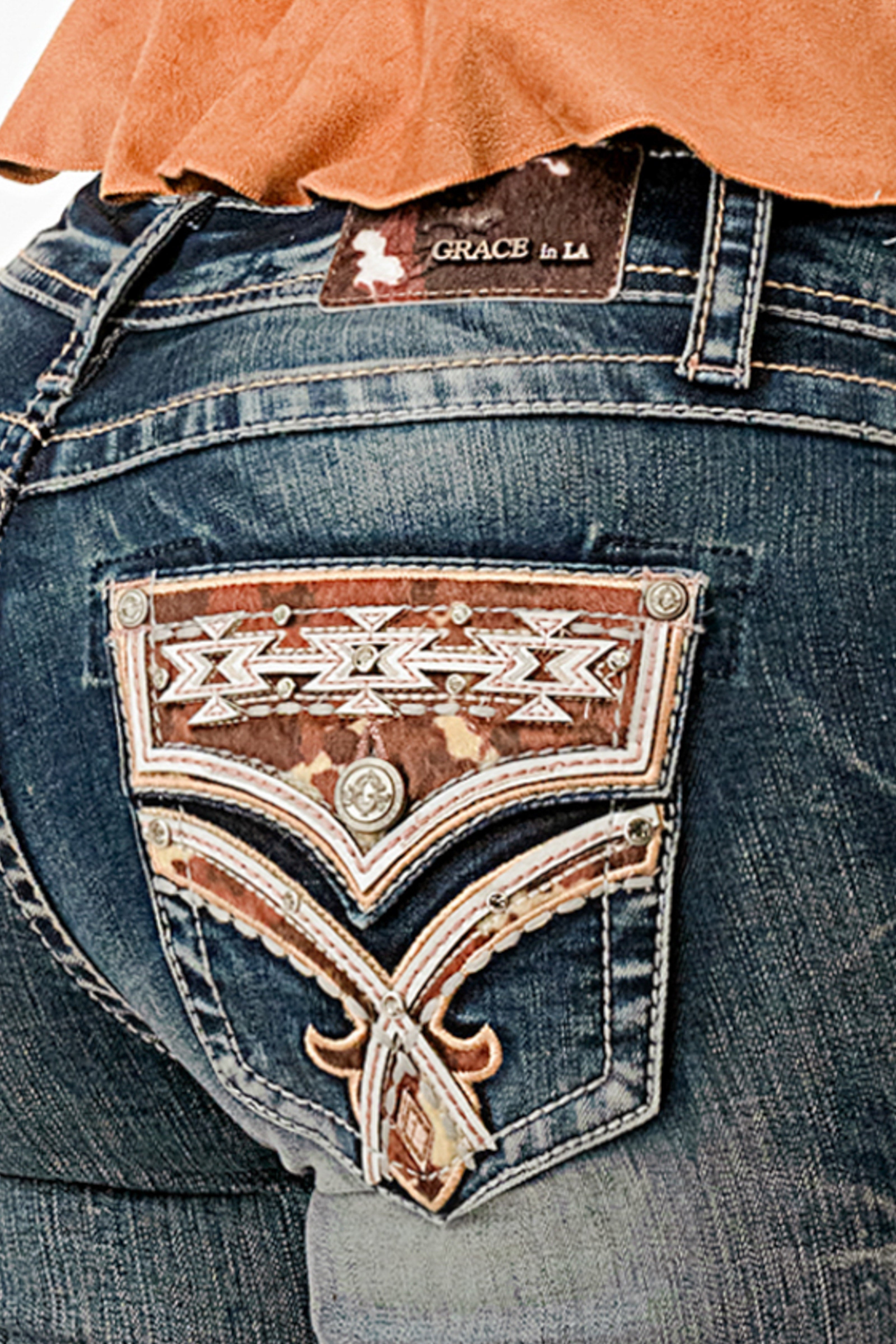 Horse Hide Trims Faux Flap Mid Rise Bootcut Recycle Fabric Jeans Grace in LA