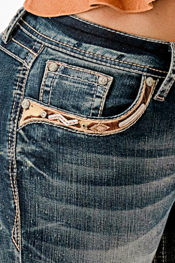 Horse Hide Trims Faux Flap Mid Rise Bootcut Recycle Fabric Jeans