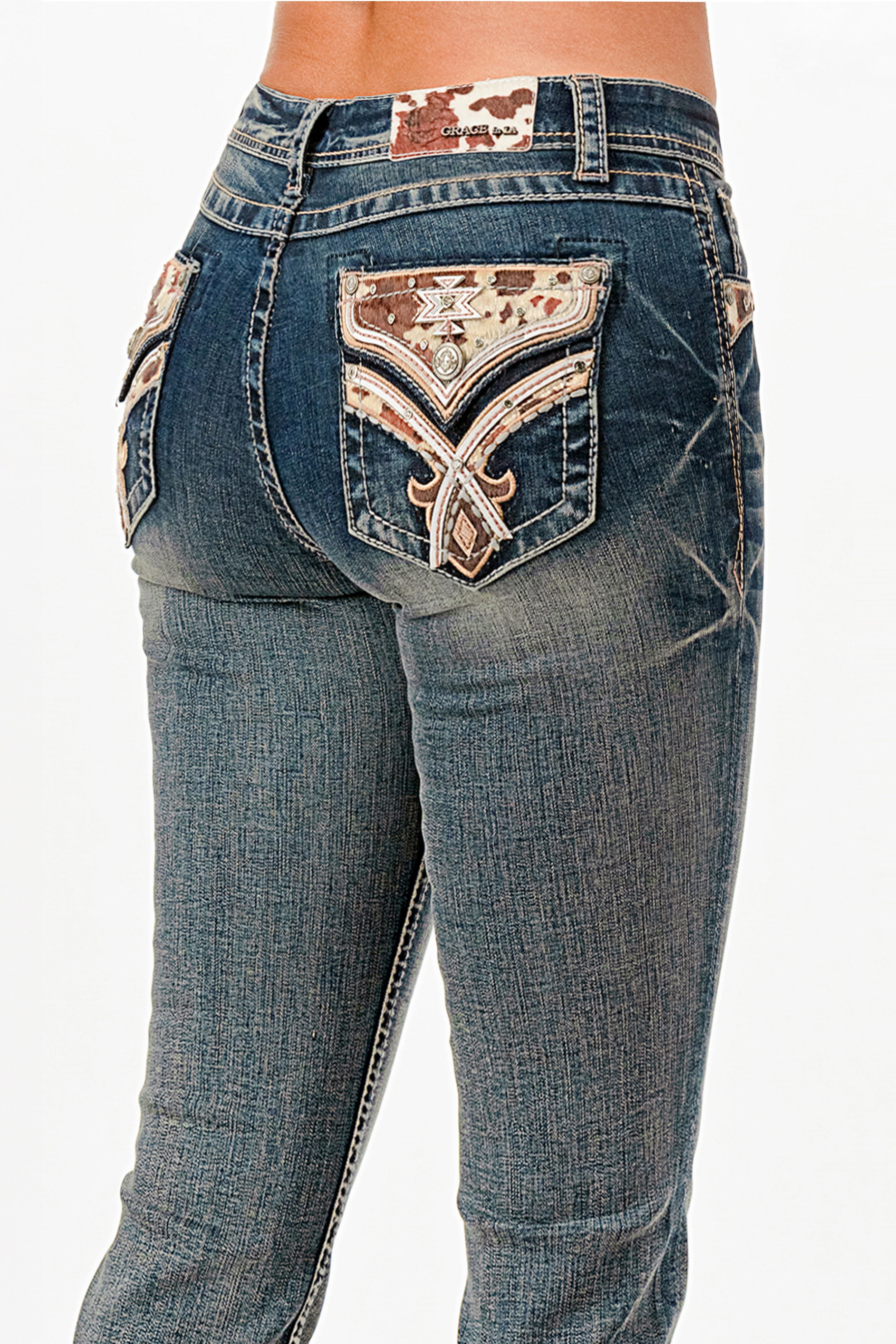 Horse Hide Trims Faux Flap Mid Rise Bootcut Recycle Fabric Jeans Grace in LA