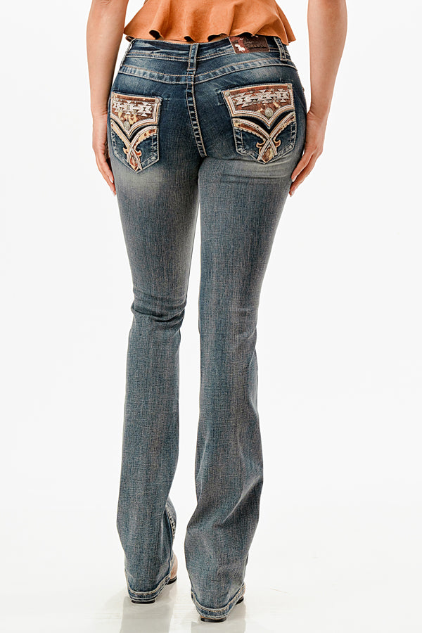Horse Hide Trims Faux Flap Mid Rise Bootcut Recycle Fabric Jeans