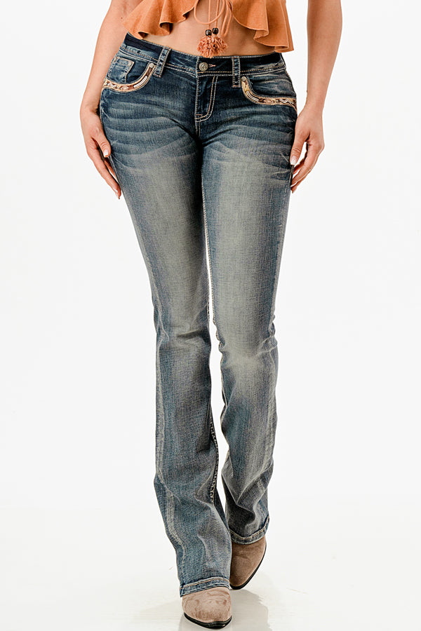 Horse Hide Trims Faux Flap Mid Rise Bootcut Recycle Fabric Jeans
