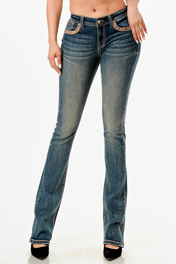 Horse/Horse Shoe Mid Rise Bootcut Embroidered Jeans