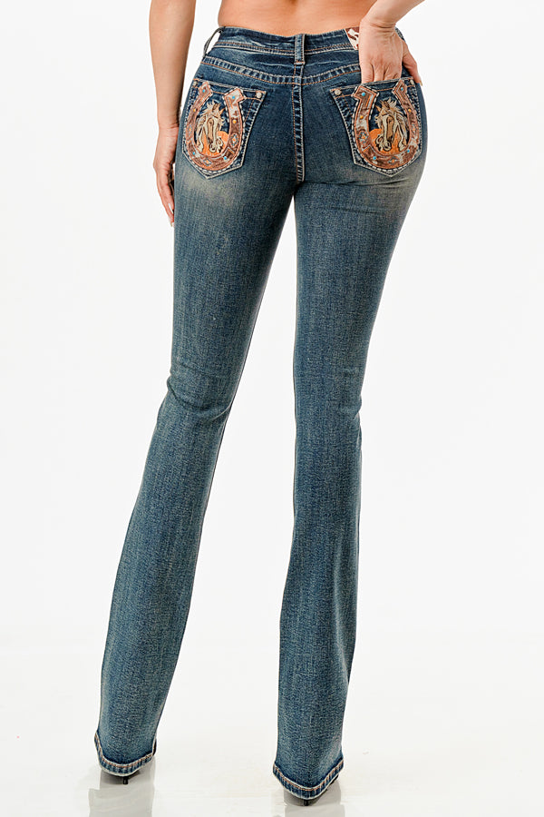 Horse/Horse Shoe Mid Rise Bootcut Embroidered Jeans