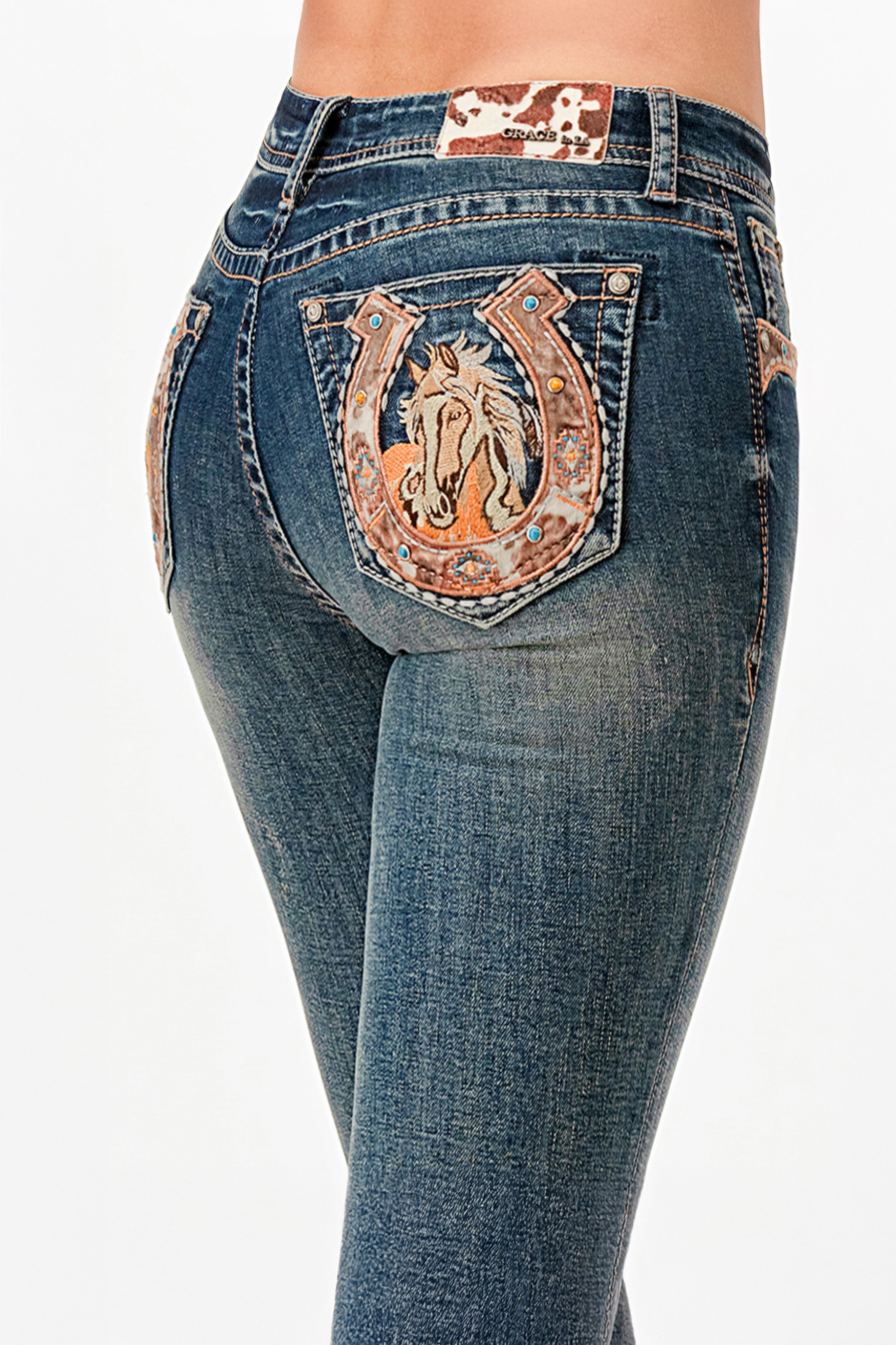 Horse/Horse Shoe Mid Rise Bootcut Embroidered Jeans Grace in LA