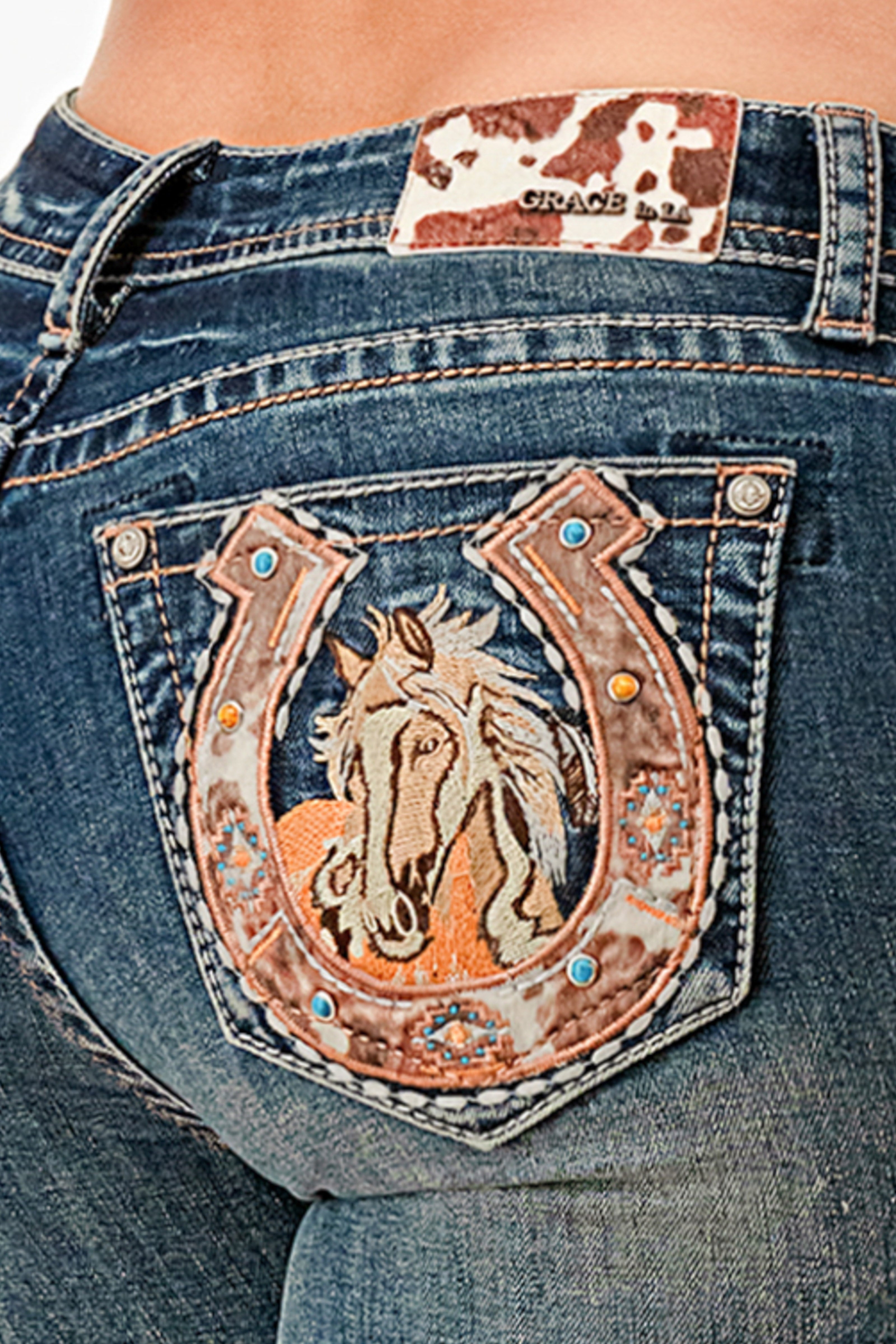 Horse/Horse Shoe Mid Rise Bootcut Embroidered Jeans Grace in LA