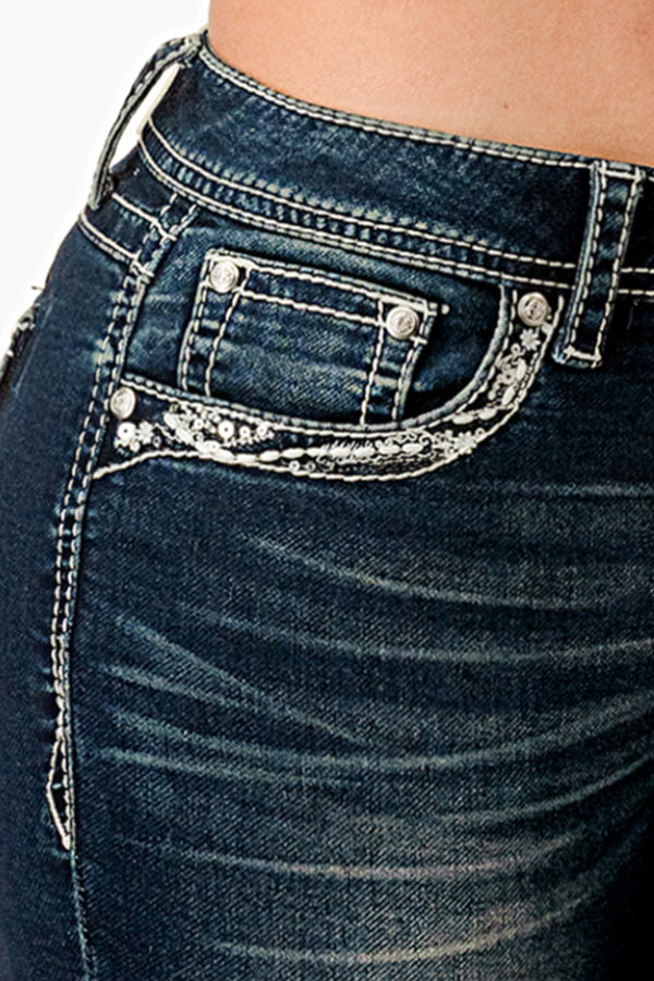 Silver Western Heart Embroidered Pocket Jeans