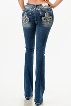 Flu De Lee Yoke Embroidery Mid Rise Bootcut Embroidered Jeans