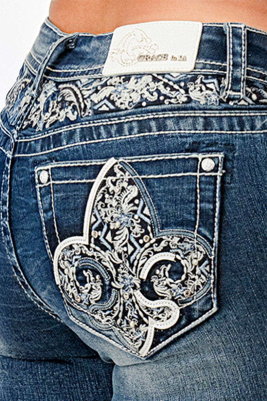 Flu De Lee Yoke Embroidery Mid Rise Bootcut Embroidered Jeans Grace in LA