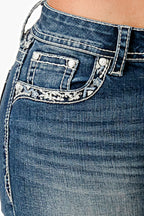 Flu De Lee Yoke Embroidery Mid Rise Bootcut Embroidered Jeans