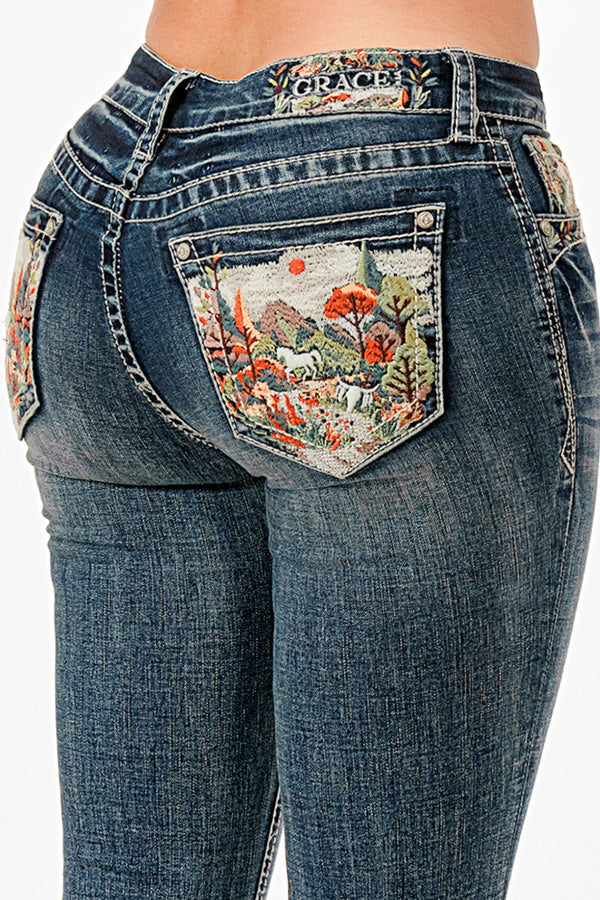 Mountain Valley Embroidered Mid Rise Bootcut Jeans