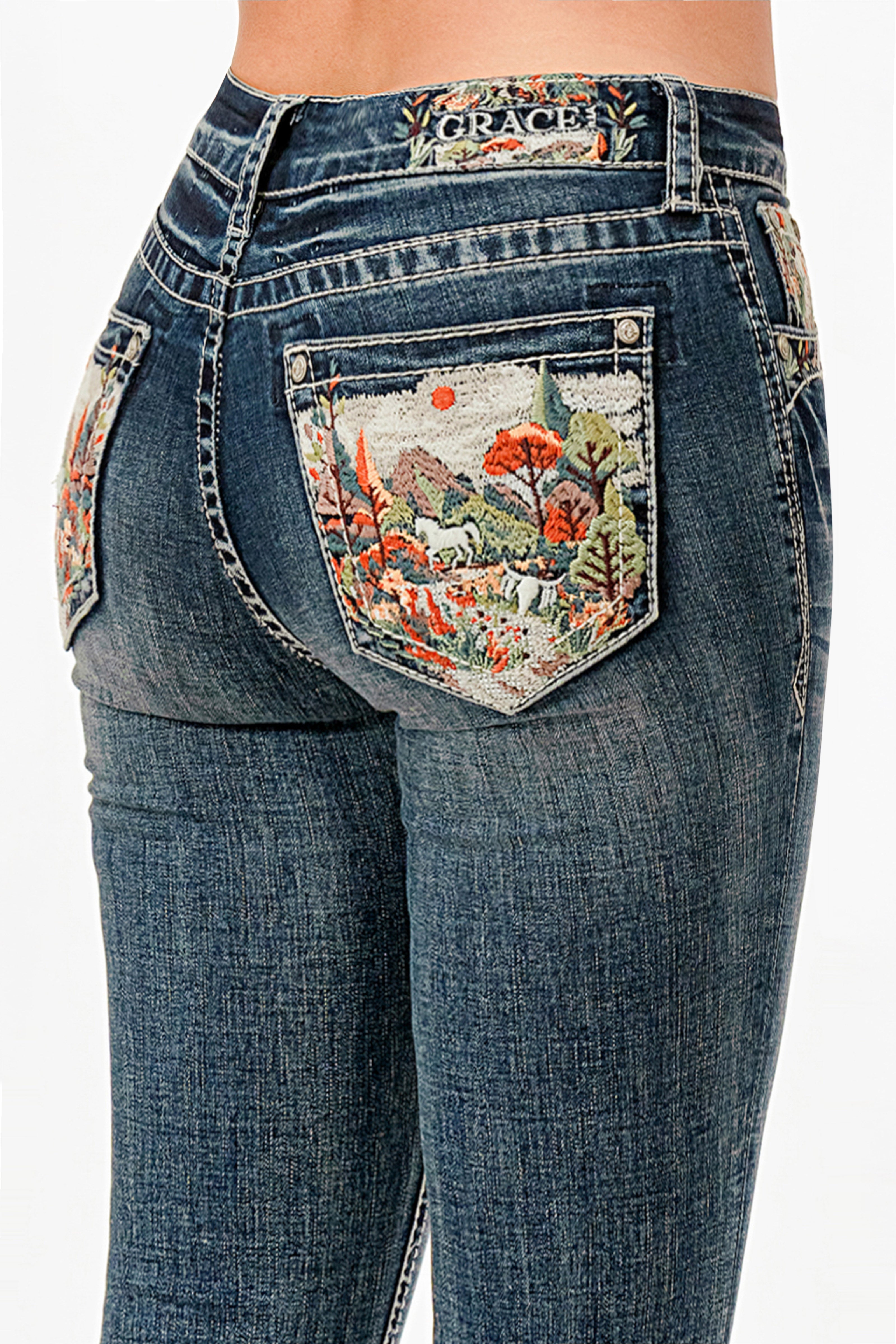 Mountain Valley Embroidered Mid Rise Bootcut Jeans Grace in LA - Denim