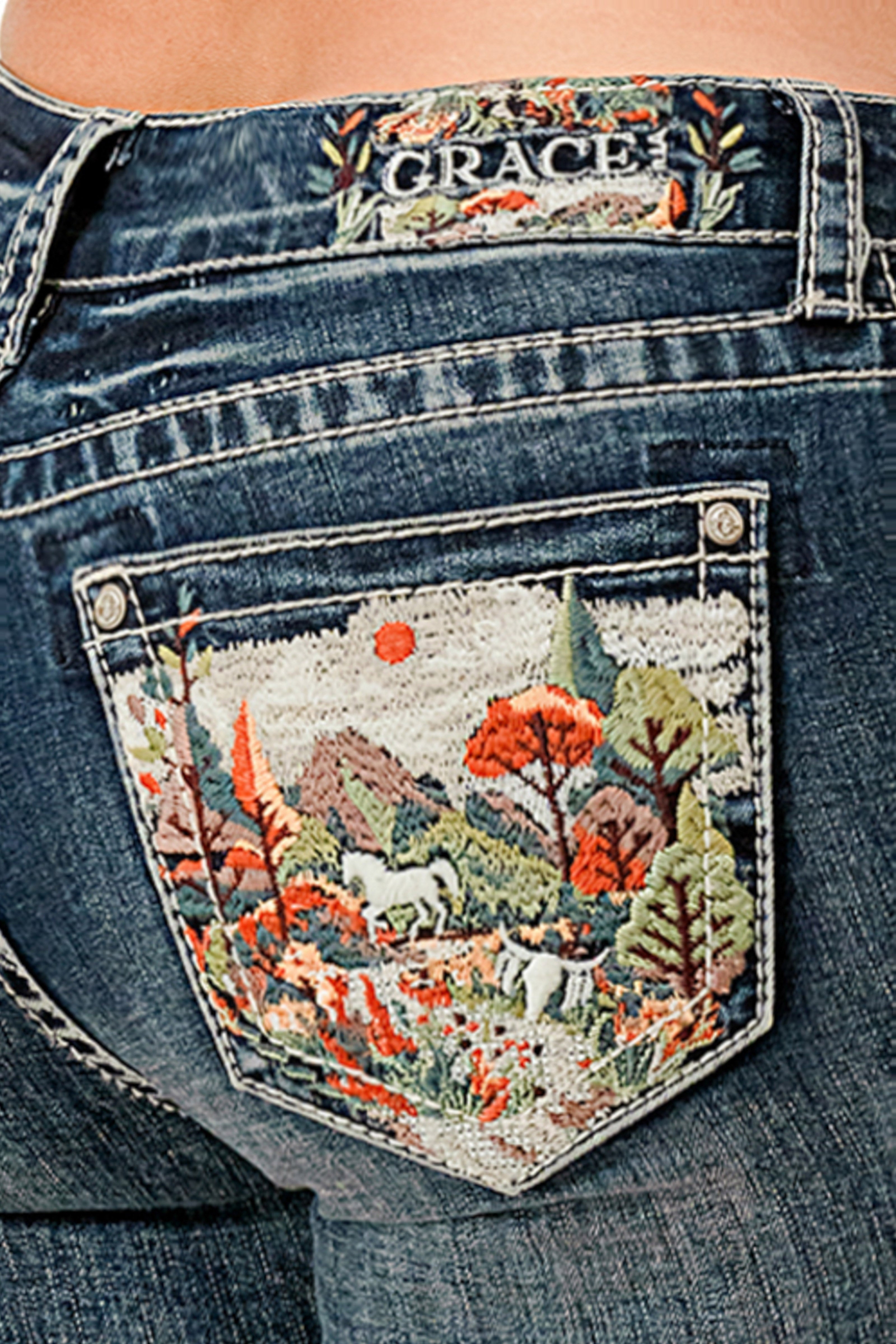 Mountain Valley Embroidered Mid Rise Bootcut Jeans Grace in LA - Denim