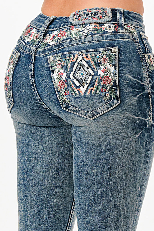 Floral Embroidery Spring Mid Rise Women's Bootcut Jeans