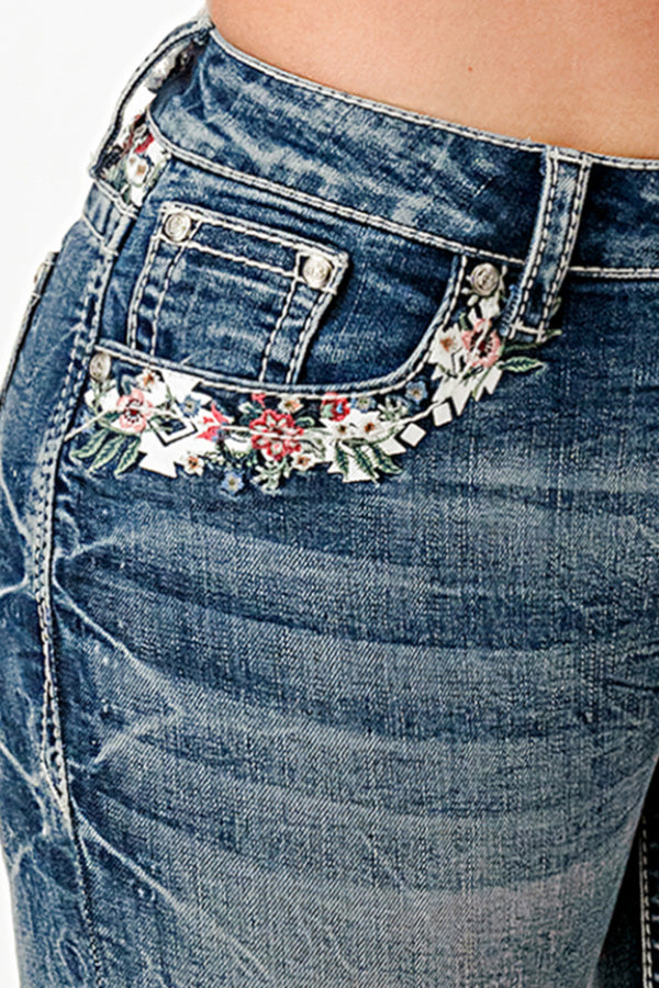 Floral Embroidery Spring Mid Rise Women's Bootcut Jeans