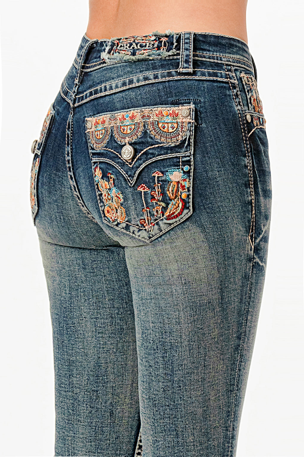 Mushroom Garden Embroidered Mid Rise Bootcut Jeans