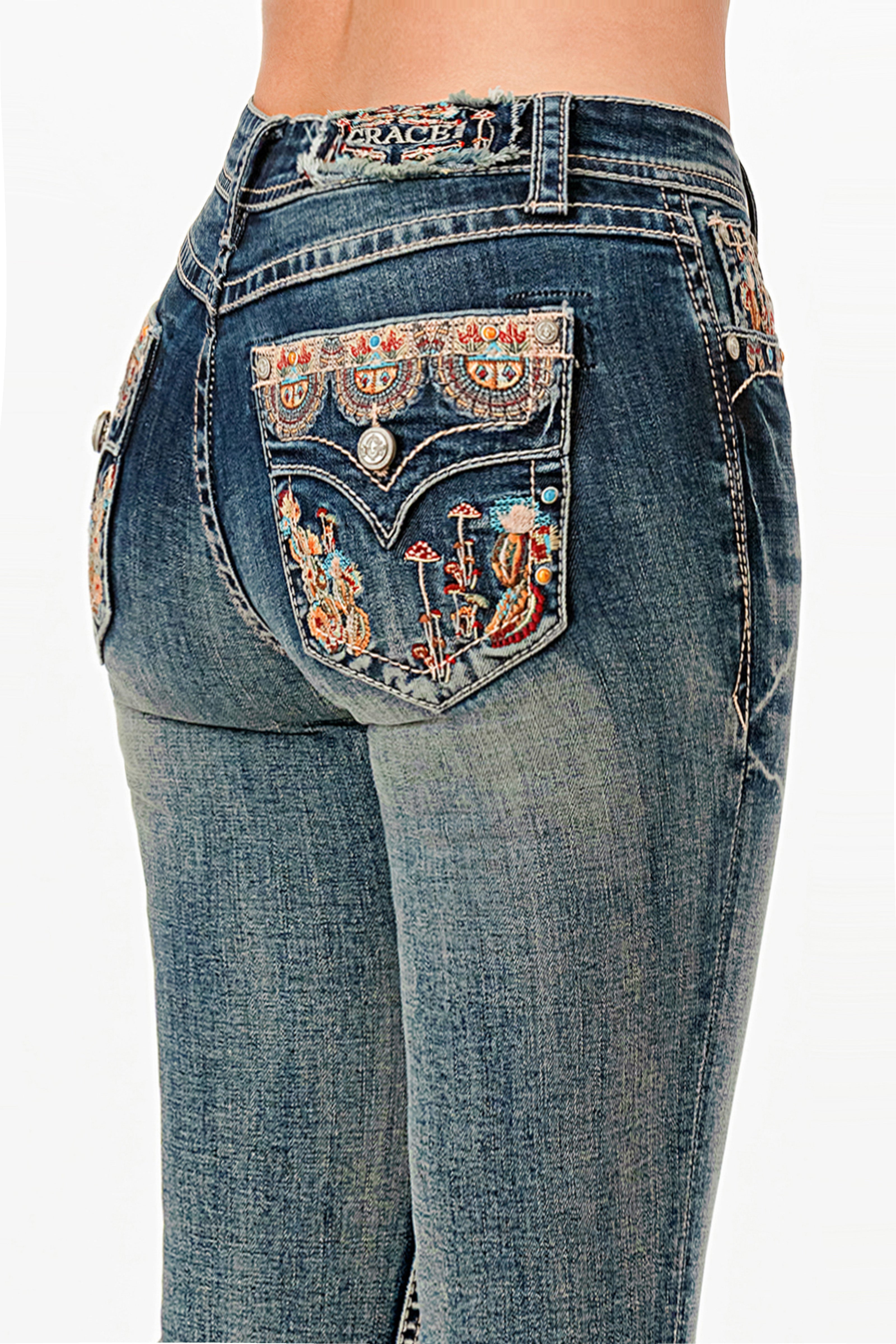 Mushroom Garden Embroidered Mid Rise Bootcut Jeans