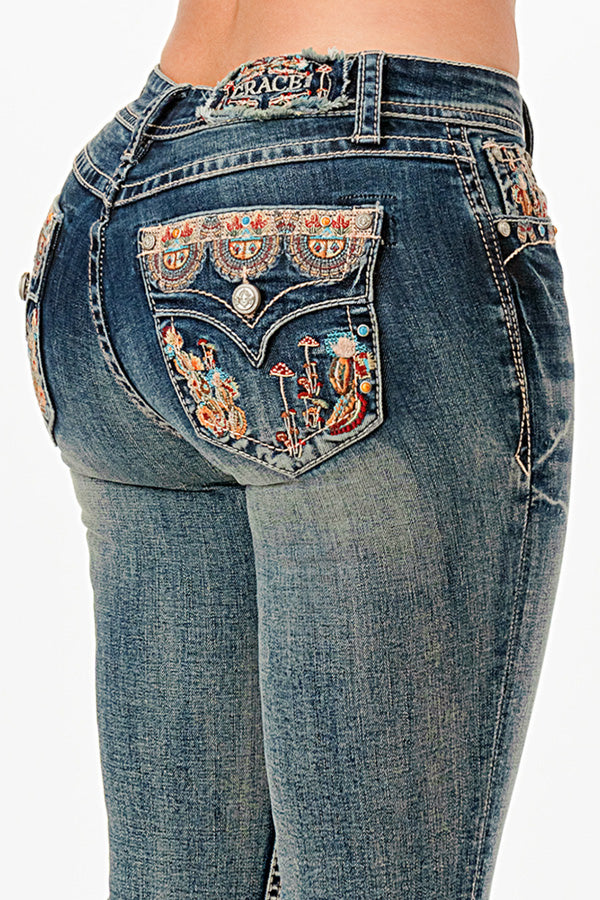 Floral Embroidered Faux Flap Mid Rise  Bootcut Jeans