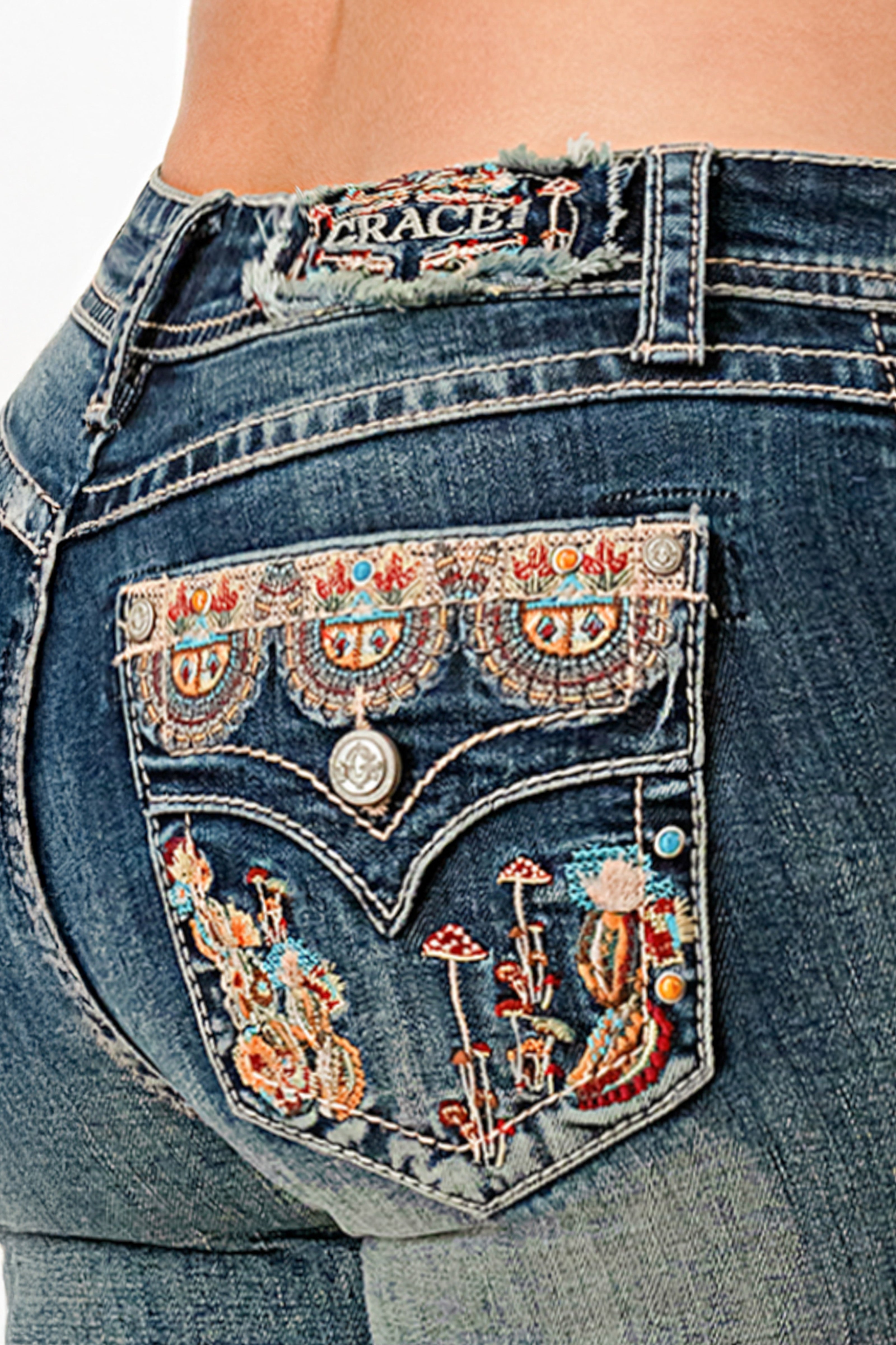Mushroom Garden Embroidered Mid Rise Bootcut Jeans
