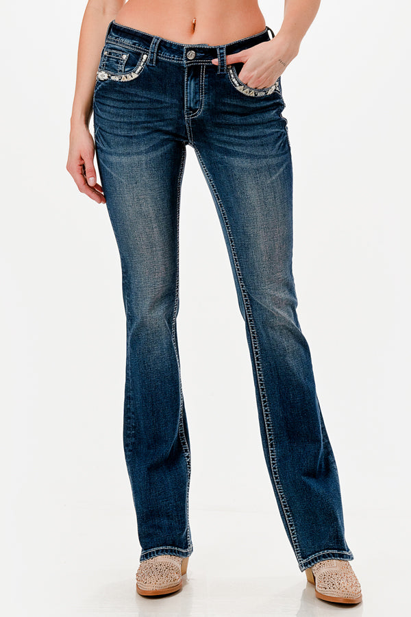 Aztec Modify Embroidery Mid Rise Bootcut Embroidered Jeans