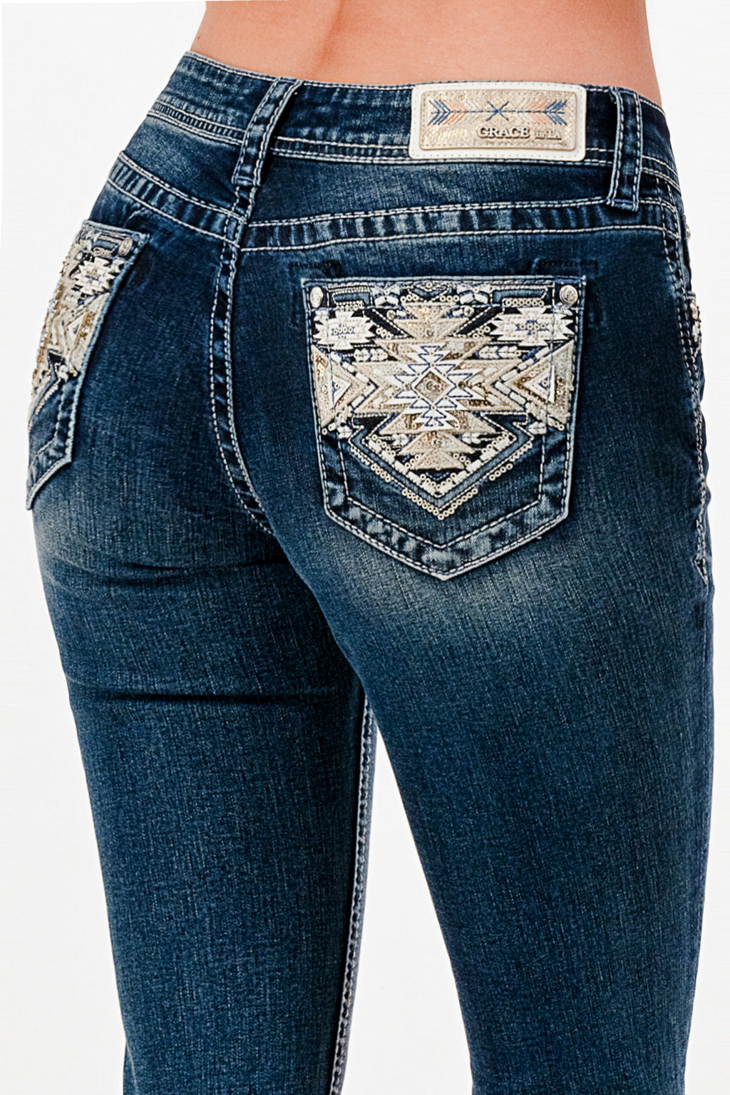 Aztec Modify Embroidery Mid Rise Bootcut Embroidered Jeans Grace in LA
