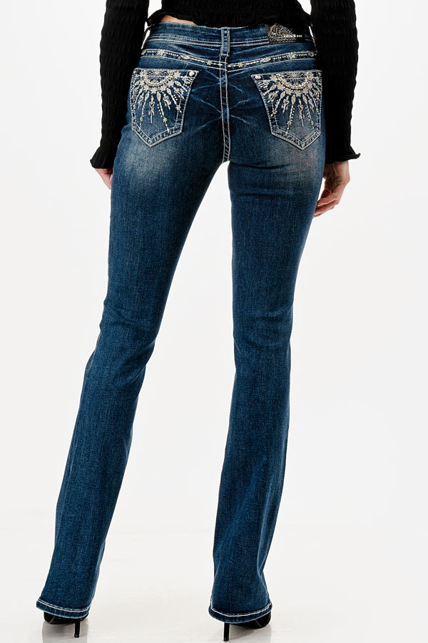 Fire Work Modify Embroidery Low Rise Bootcut Jeans