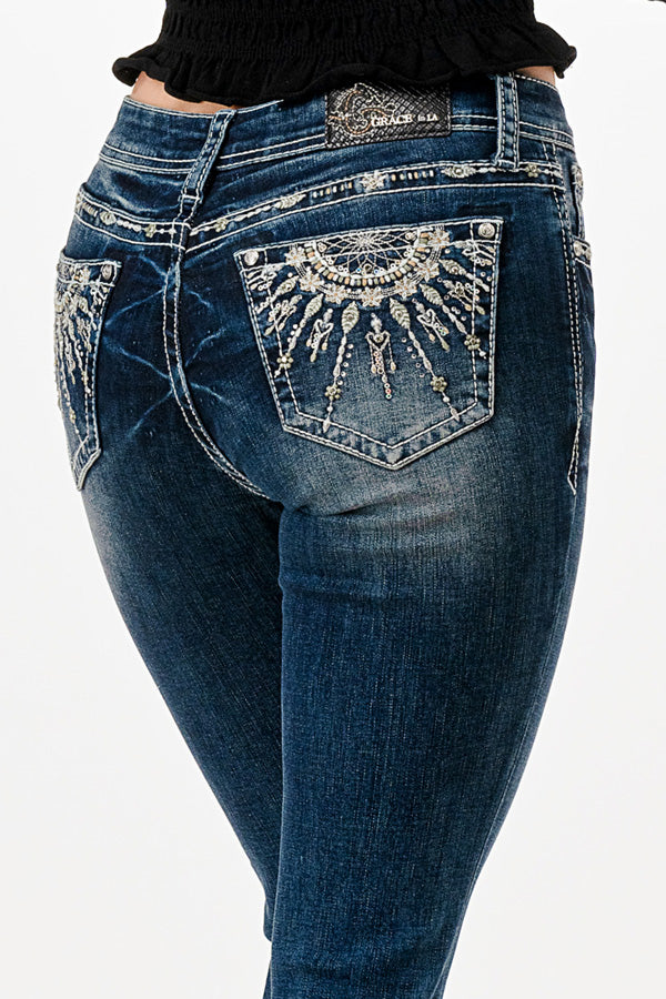 Fire Work Modify Embroidery Low Rise Bootcut Jeans