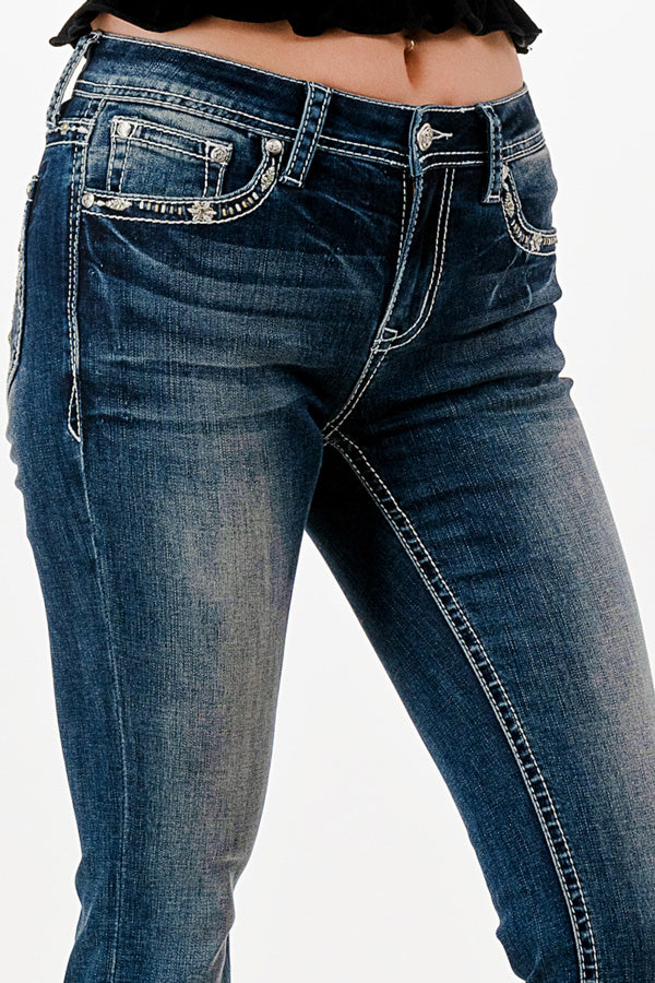 Fire Work Modify Embroidery Low Rise Bootcut Jeans