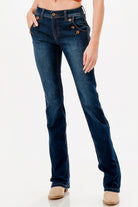 Grace in LA womens bootcut jeans in dark wash with exposed button fly and whiskered front.