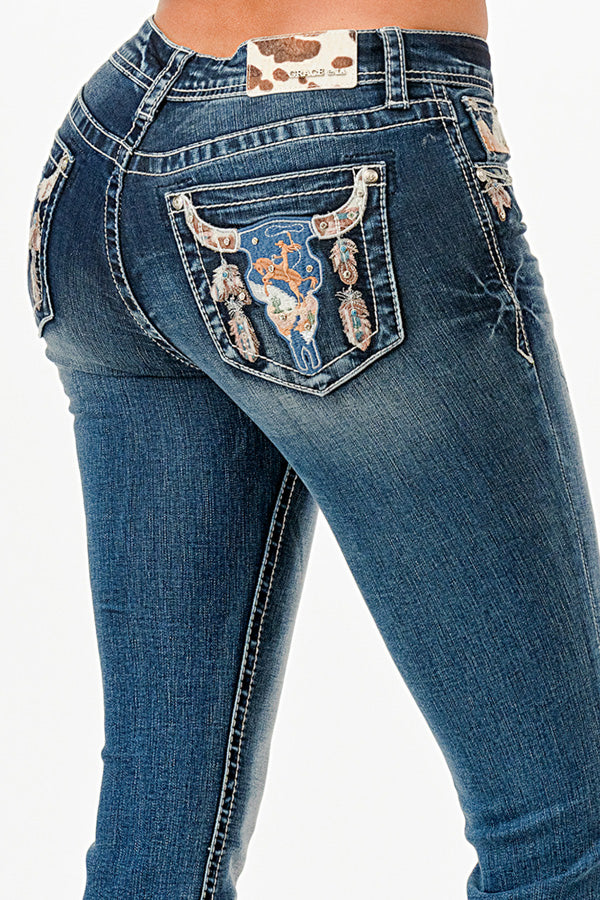 Steer Head Cowgirl Mid Rise Bootcut Jeans